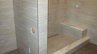 Start to finish Time lapse Schluter bathroom Kerdiline linear drain Ditra heat large format tile [upl. by Aime166]