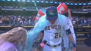 Christian Yelich gets gatorade bath following win over St Louis [upl. by Ilka]