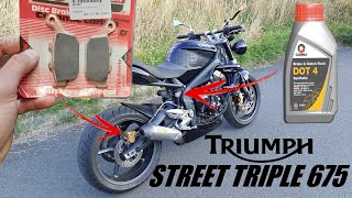 Triumph Street Triple 675 Rear Brake Pad replacement  Rear Brake fluid change [upl. by Delainey]