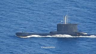 Hellenic Navy Poseidon class Submarine and HSY56 class Gunboat near Oinousses islands [upl. by Alliber424]