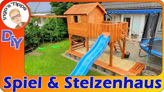 Kinderspielhaus Stelzenhaus Matschküche Hängebrücke Sandkiste und Schaukeln selber bauen IngosTipps [upl. by Anyaj]