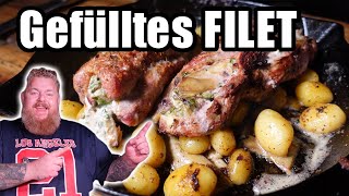 Gefülltes Schweinefilet mit Frischkäse Mix amp knusprigen Kartoffeln  Herbstgrillen im Pelletsmoker [upl. by Paymar]