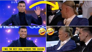 🤣Haalands reaction to Cristiano Ronaldo calling himself the best goalscorer in Globe Soccer Award [upl. by Aiekahs]