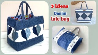 3 ideas denim tote bag from scrap old jeans sewing diy denim tote bag tutorial with zipper diy bag [upl. by Culosio]