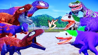 ALL PURPLE JOKER DINOSAURS vs ALL RED SPIDERMAN DINOSAURS  Superhero Dinosaurs Team Jurassic World [upl. by Sofko]