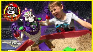 Monster Jam Toy Trucks  GRIM TAKE DOWN PLAYSET  ft GRAVE DIGGER with Freestyle Show Highlights [upl. by Gleason]