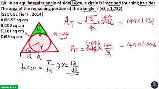 In an equilateral triangle of side 24 cm a circle is inscribed touching its sides The area of the [upl. by Gordan]