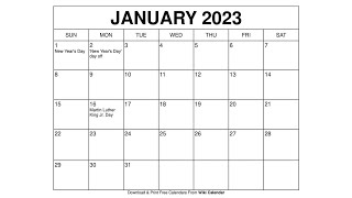 Free Printable January 2023 Calendar Templates With Holidays  Wiki Calendar [upl. by Ydner]