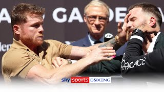 HEATED Canelo Alvarez amp Caleb Plant trade punches at prefight press conference 😡 [upl. by Nnyllatsyrc]