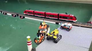 Lego Trains Traveling over Floating Water Bridge [upl. by Aeslahc]