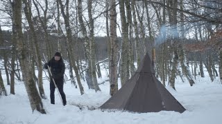 Bushcraft trip  hot tent snow homemade axe and knife basecamp wildlife [upl. by Illib]