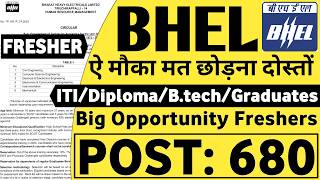 BHEL Recruitment 2023  POST  680 ITIDiplomaBtechGraduates BHEL Jobs 2023  BHEL Vacancy 2023 [upl. by Gnahk112]