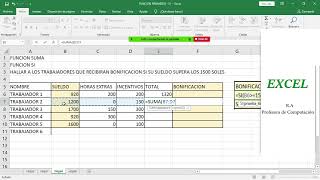 EXCEL BÁSICO  función SI sacar la bonificación de los trabajadores en Excel [upl. by Tina]