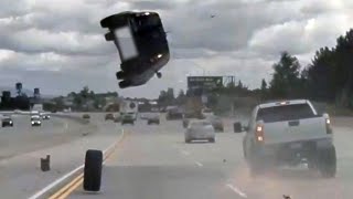 Car sent flying into the air after being hit by a tire  CAUGHT ON CAM [upl. by Eiramyelhsa]