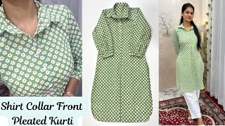 Shirt Collar Front Pleated Kurti Cutting And StitchingShirt Collar Cutting StitchingCollar Kurti [upl. by Ynneg]