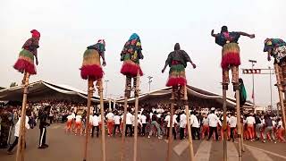 Masquerades on stilts perform at Porto Novo festival  Pelu Awofeso On The Road [upl. by Adnohsat]