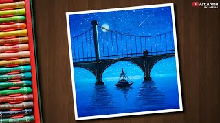 Night Bridge scenery drawing with Oil Pastels  step by step [upl. by Everard]