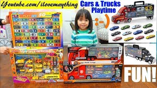 Childrens Car Transporter Trucks Diecast Car Collection Dinosaur Action Figures and More [upl. by Ynej475]