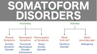 Somatoform Disorders Somatic Symptom Conversion Illness Anxiety Factitious Malingering [upl. by Nereil547]