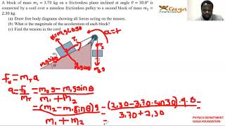 A block of mass 𝑚1  3 70 kg on a frictionless plane inclined at angle 𝜃  30 0° is connected by a [upl. by Etana708]