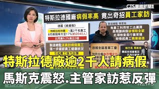 馬斯克震怒！特斯拉德廠逾2千人請病假「高同行3倍」 主管家訪惹反彈｜主持人：劉姿麟｜華視國際線，出發！｜華視新聞 20241005 CtsTw [upl. by Bel]