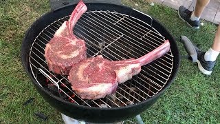 How To Grill Tomahawk Rib Eye Steaks on a Weber Grill With a BBQ Dragon Spin Grate [upl. by Enirehs96]