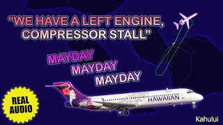 Engine compressor stall on takeoff Mayday Hawaiian Boeing 717 returns to Kahului Real ATC [upl. by Dimond]