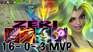 WILD RIFT ZERI PENTA KILL ADC GAMEPLAY  16 0 3 MVP  ZERI BUILD RUNES [upl. by Vachell170]