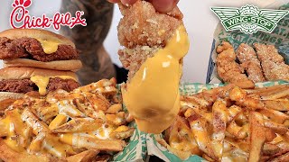 MUKBANG EATING WINGSTOP VOODOO CHEESE FRIES CHICKEN TENDERS CHICK FIL A SPICY CHICKEN SANDWICH ASMR [upl. by Packston]