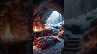 Heavy Blizzard Storm at Night with Snowfall in Cave  Cozy Fireplace Sounds for Relaxation [upl. by Anoirtac]