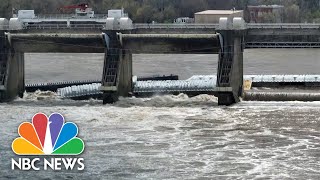 Three barges one carrying toxic methanol pinned against Ohio River dam [upl. by Hadrian339]