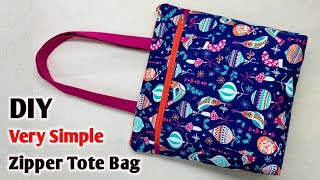 VERY SIMPLE  ZIPPER TOTE BAG WITH LINING  Handbag making at home  Cloth bag cutting and stitching [upl. by Ikcir]