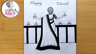 Beautiful Diwali Drawing Easy Diwali Festival Scenery Drawing Easy For Beginners [upl. by Alakim]