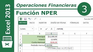 Función NPER  Excel 2013 Operaciones Financieras 312 [upl. by Jacenta225]