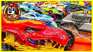 Monster Jam Toys amp Hot Wheels Monster Trucks  64 MONSTER TRUCKS Super 16 LANE Race COMPILATION [upl. by Kacerek607]