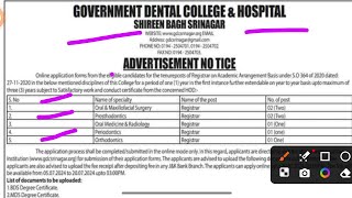 Government Dental College and Hospital Srinagar Registrar New Job vacancy 2024  BDS MDS Eligible [upl. by Otrepur]