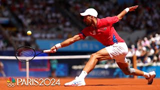 Novak Djokovic glides to drop shot as final against Carlos Alcaraz heats up  Paris Olympics [upl. by Anha707]