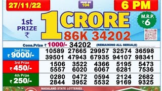 LOTTERY DEAR LIVE RESULT 6PM 271122 NAGALAND STATE LOTTERY LIVE DRAW TODAY Lottery Samdad Result [upl. by Efram]