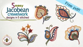 Beginners Jacobean crewelwork embroidery tutorial using just 5 embroidery stitches free design [upl. by Esdnyl]