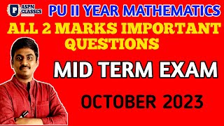 2nd PUC MATHS 2 MARKS IMPORTANT QUESTIONS FOR MIDTERM EXAM 2023 [upl. by Yrral]