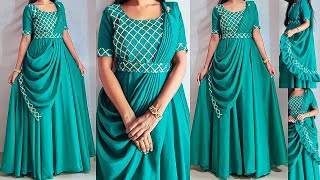 Saree style dress cutting amp stitchingparty wear dressreadymade style frockgown cutting stitching [upl. by Jovi]