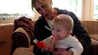 Asthma Inhaler at 11 months old Delaney can do it [upl. by Narret]