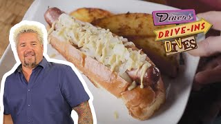 Guy Fieri Gets Goosebumps Eating a HouseMade Hot Dog  Diners DriveIns and Dives  Food Network [upl. by Nanfa]