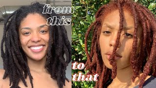 ✨HOW TO DYE LOCS FROM JET BLACK TO GINGER 🚫 BLEACH AT HOMESEMIFREEFORM LOCS thequalityname✨ [upl. by Yhtac]