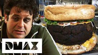 Adam Attempts To Eat A 190 LB Burger That Weights Nearly The Same As Him  Man V Food [upl. by Akkahs]