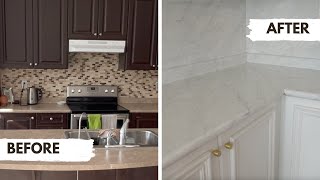 How to install Peel and Stick contact paper  Countertop amp Backsplash Makeover RenterFriendly [upl. by Oilisab455]