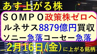 あす上がる株 2024年２月１６日（金）に上がる銘柄 ～最新の日本株での株式投資。初心者でも。ルネサス、SOMPO。トレンドマイクロ、サントリー、ピジョンの決算速報 ～ [upl. by Eineeuq]