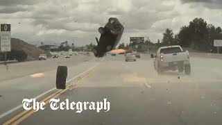 Moment car flips into the air on Los Angeles freeway [upl. by Neelram]