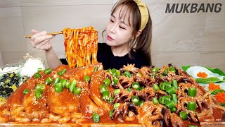 SUB 땡초듬뿍 불쭈꾸미🔥삼겹살 amp 우동사리 주먹밥 ft맥주 먹방 SPICY WEBFOOT OCTOPUS WITH PORK BELLY REAL SOUND ASMR MUKBANG [upl. by Ativak]