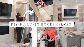 DIY builtin bookshelves living room Makeover Part two  First time building custom cabinets 🙌 [upl. by Oinotnanauj313]